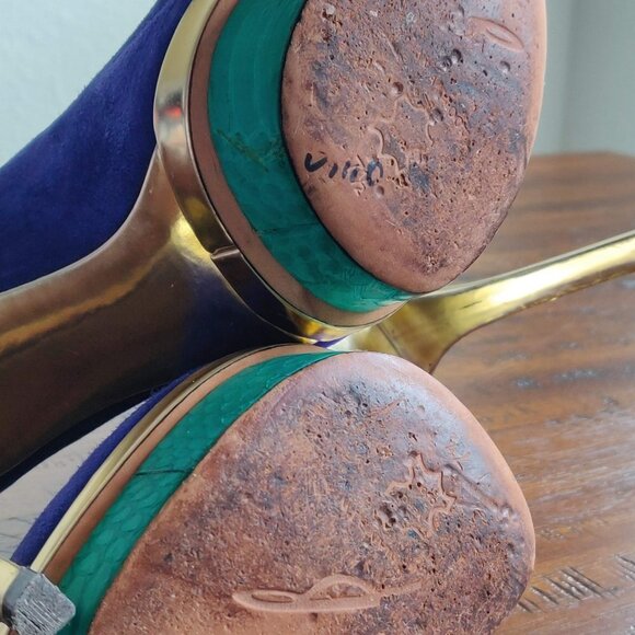 Brian Atwood Blue Suede Colorblock Fontanne Platform Pumps 7.5 Gold aqua green - Picture 11 of 11